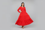 A red colour chikankari dobby cotton fabric long 3 laired flare dressdress with same colour silk thread embroidery by Famaza Couture. 