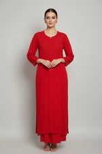 A red colour viscose fabric tone to tone silk thread hand embroidered long kurti.