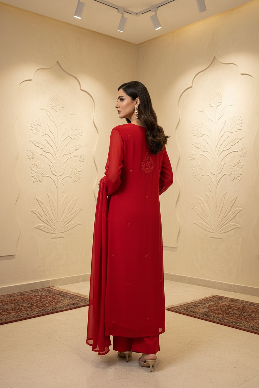 A woman stands in profile wearing a long red traditional outfit with a matching dupatta in a decorated indoor showroom with cream walls and decorative molding.