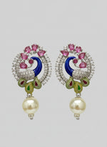 A rhodium-plated peacock design accompanied earrings, featuring vibrant green, blue, enamel accents, as well as sparkling crystal white and ruby pink stones. Earrings design is focused. 