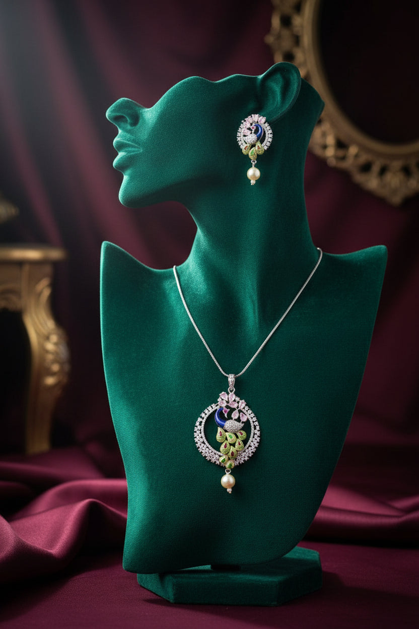 A rhodium-silver plated brass pendant with a peacock design accompanied by earrings, featuring vibrant green, blue, and gold enamel accents, as well as pink AD sparkling crystal embellishments.