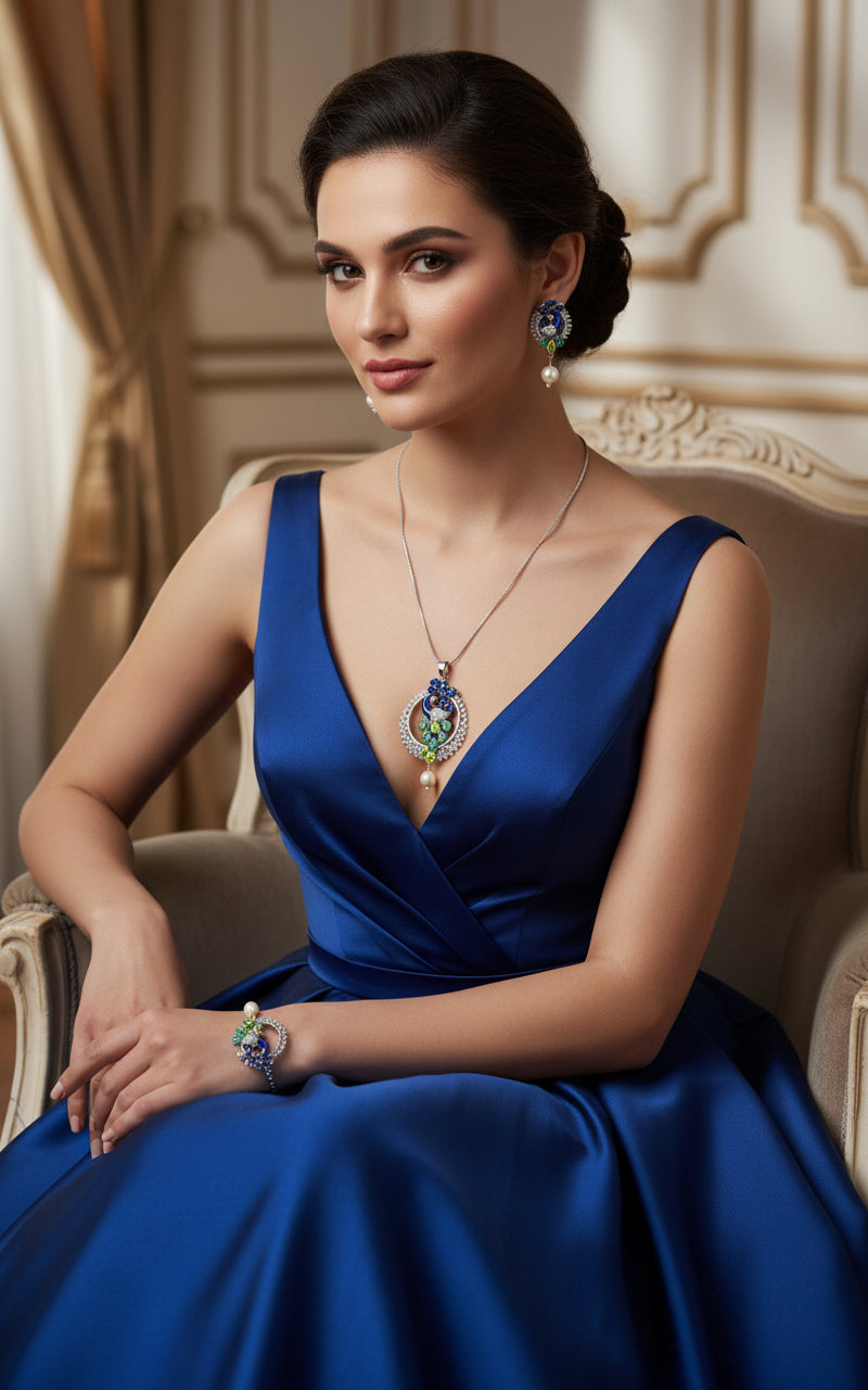 A rhodium-silver plated brass pendant with a peacock design accompanied by earrings, featuring vibrant green, blue, and gold enamel accents, as well as sparkling white and blue ad crystal embellishments. 