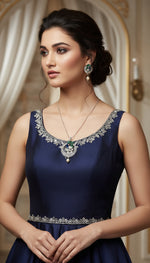 A rhodium-silver plated brass pendant with a peacock design accompanied by earrings, featuring vibrant green, blue, and gold enamel accents, as well as sparkling white and bottle green ad crystal embellishments. Party wear AD jewellery set. 