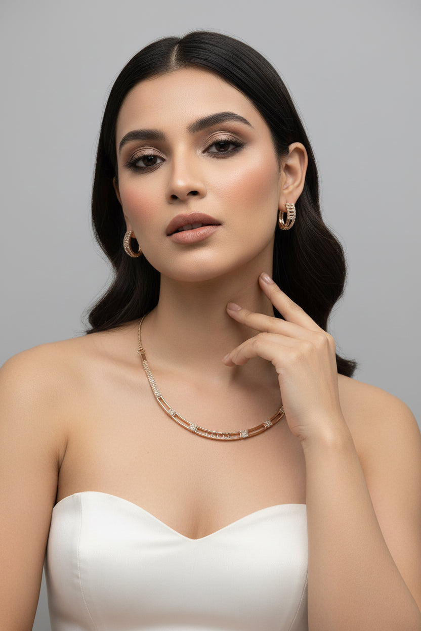 A rose gold-tone Hasli necklace set with nano American diamonds jewellery set by famaza couture 