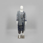 A side view and showing sleeves work of Net fabric in grey and navy blue two tone 3pcs Pakistani dress with hand embellishments on all over kurti and dupatta with plain grey silk straight trousers .