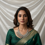 A woman wearing a dark green silk saree with gold zari borders and a matching blouse, styled with an ornate silver necklace and earrings against a dark blue and maroon draped background.