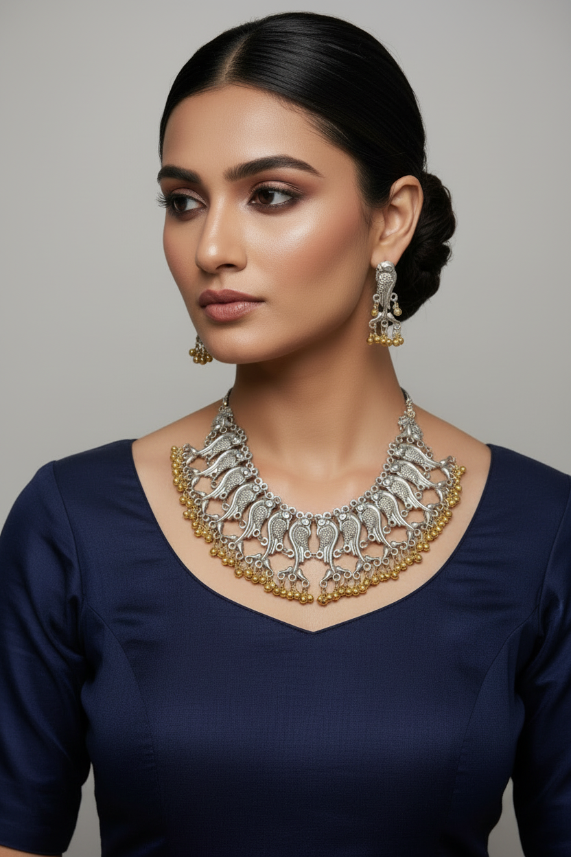 A woman with dark hair styled in a low bun wears an ornate silver-toned statement necklace with gold-toned bead detailing and matching dangling earrings, paired with a navy blue top against a plain light gray studio background.