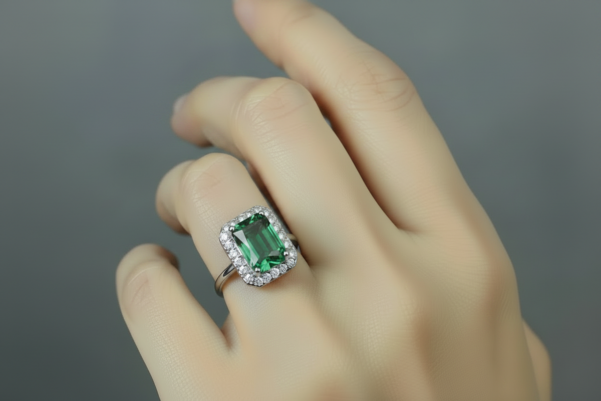 A silver plated ring with a rectangular emerald-cut green gemstone and a halo of small clear stones, shown worn on a hand against a soft grey background.