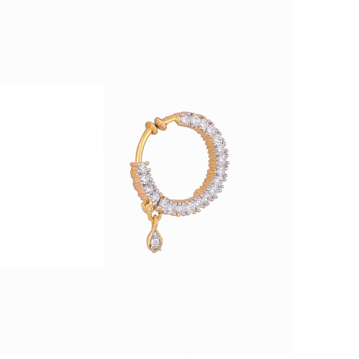 A single gold huggie hoop earring embellished with clear pavé stones and a dangling teardrop stone, shown on a plain white background.