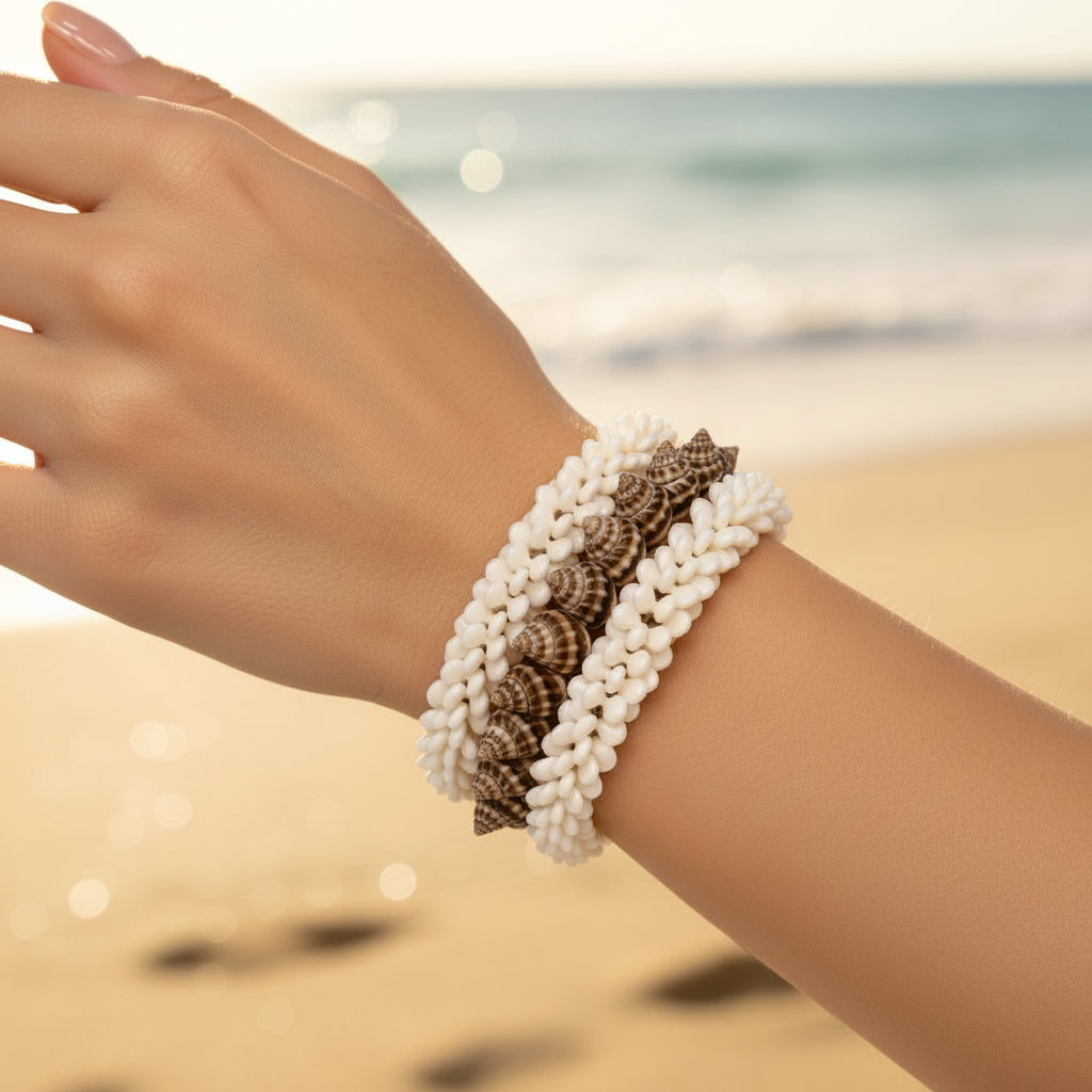 A stack of luxury natural shell bracelets featuring mixed metallic beads; a versatile posh jewellery set for boho-chic party wear and global summer fashion trends.