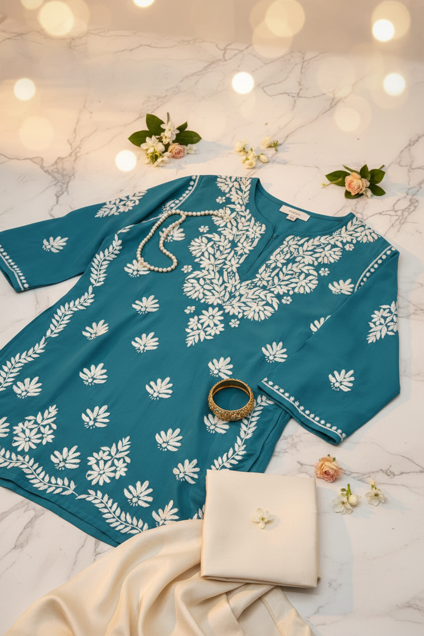 A teal blue tunic top with white floral and leaf block prints, hanging on a wooden hanger against a white draped fabric background.