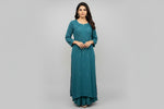 A teal colour viscose fabric tone to tone silk thread hand embroidered long kurti.