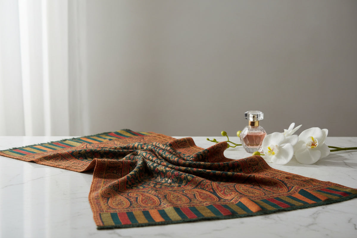 A vibrant Kashmiri party wear bottole green base colour Kani scarf with a floral paisley pattern and border stripes in a multi-colour design.