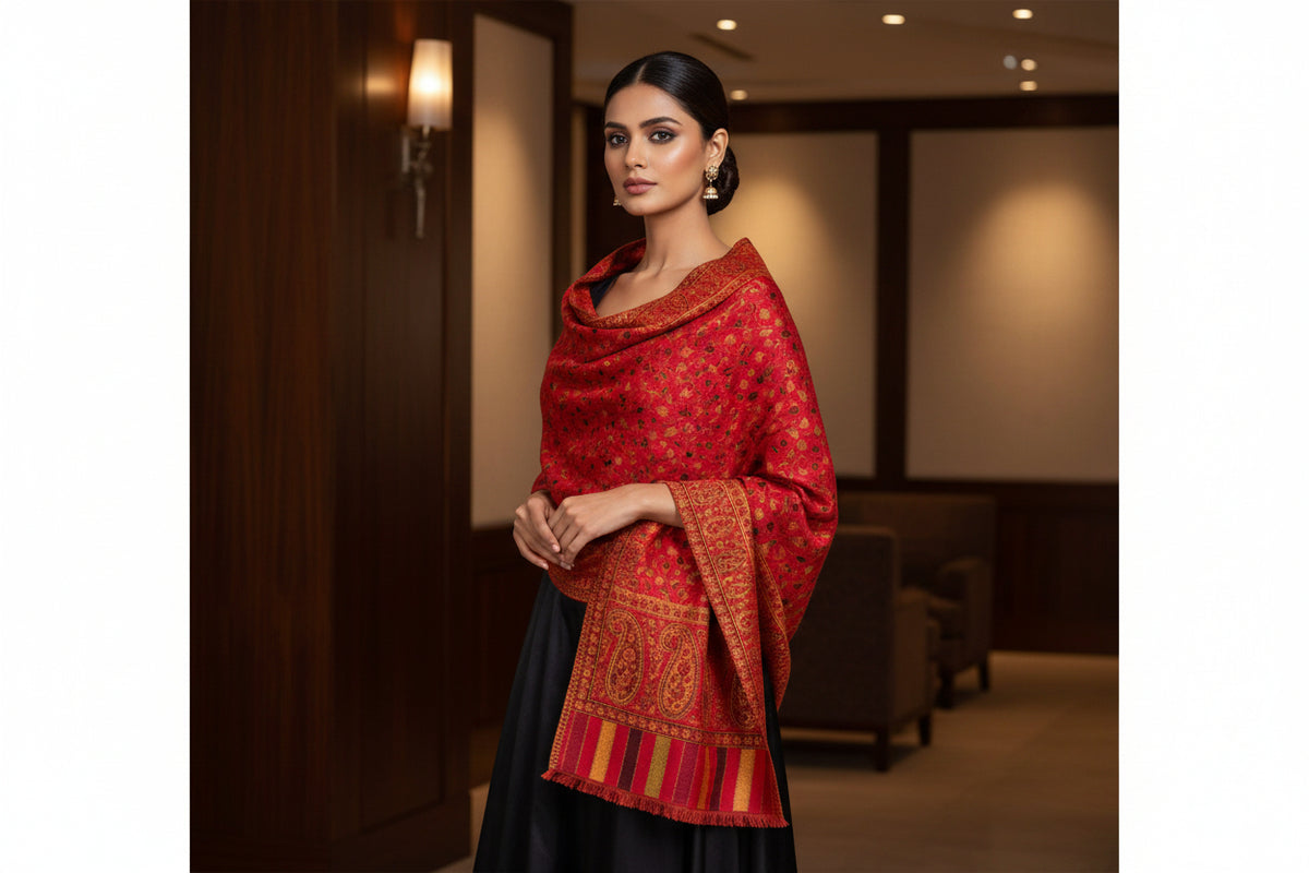 A vibrant red Kashmiri party wear Kani scarf with a floral paisley pattern and border stripes.