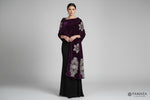 A violet purple velvet stole with Swarovski crystal embellishments and intricate floral patterns.