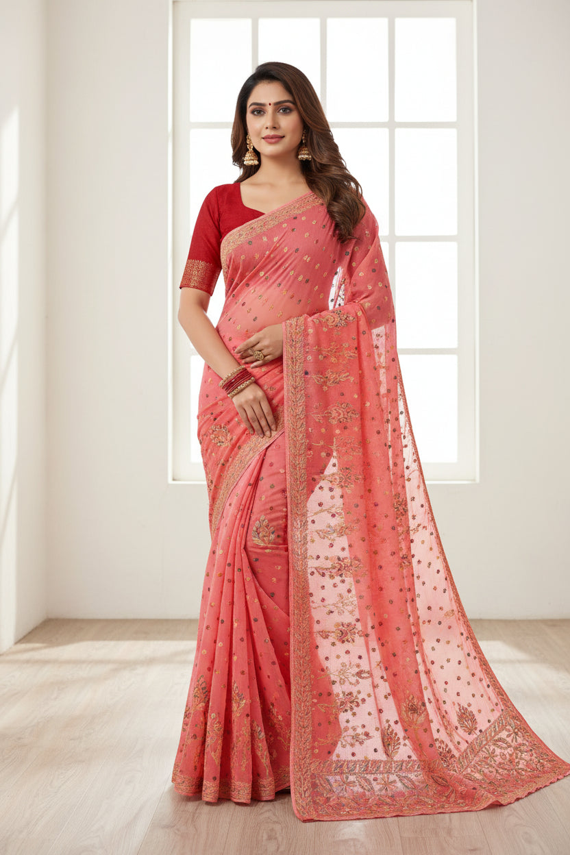 A water melon pink base colour Georgette Saree with chikankari Keel Jaal Embroidery and Resham Work, with a red blouse piece and traditional Indian jewellery.