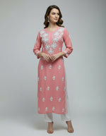 A watermelon pink colour 46 inches long modal fabric Chikankari kurti with white Ghass Patti embroidery 