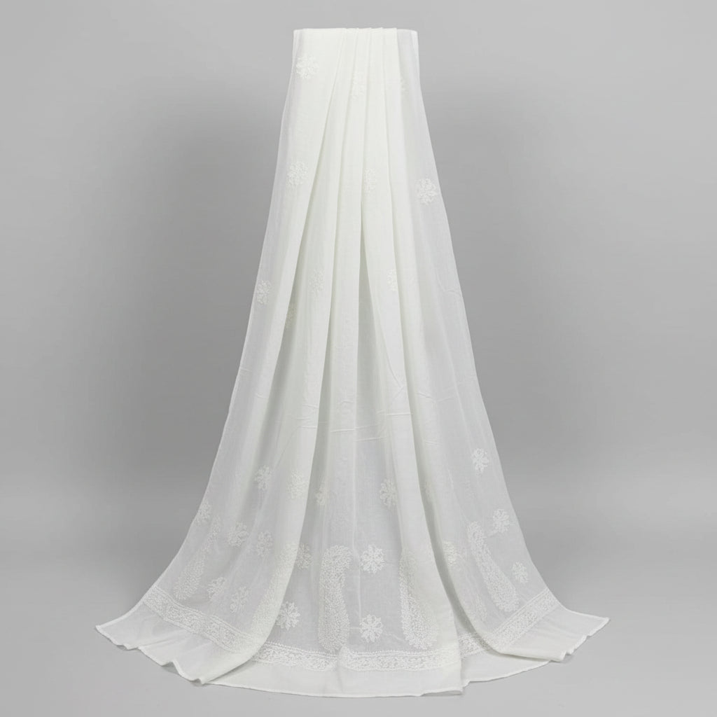 A white bakhiya embroidered cotton chaadar is displayed in the image. 