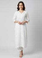 A white colour 46 inches long modal fabric Chikankari kurti with white Ghass Patti embroidery 