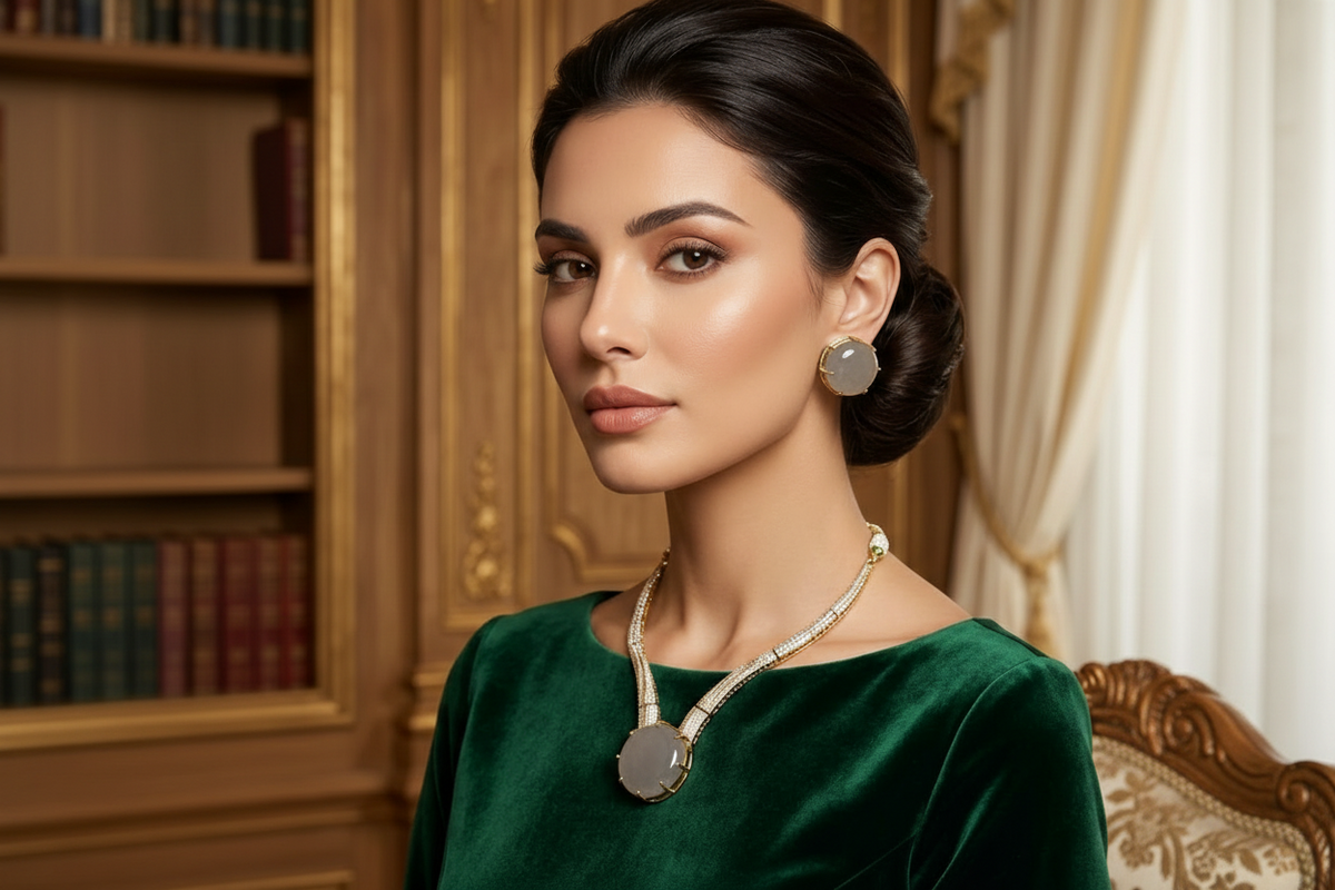 A woman with dark hair styled in a low bun wears a green velvet top and a statement necklace with oval gray-blue stones and a matching earring, posed in front of a warm wood bookshelf and cream curtains.