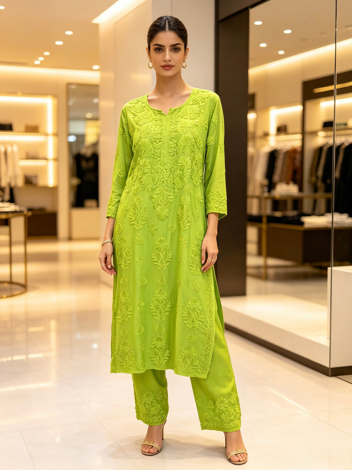 A woman modeling a bright lime green embroidered kurta set with matching pants in a modern, well-lit clothing boutique.