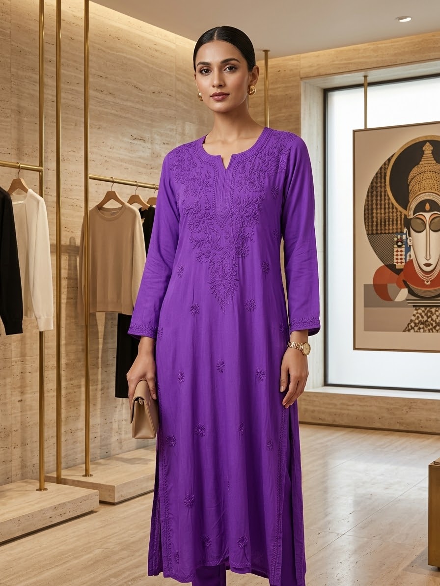 A woman modeling a purple long kurta with embroidered details, standing inside a modern boutique with wooden walls and clothing racks.