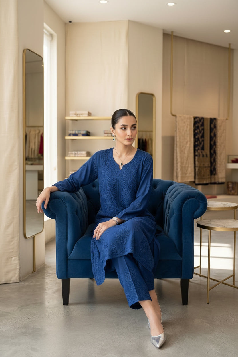 A woman modeling a royal blue embroidered kurta and trouser set in a bright, modern boutique interior with mirrors and neutral walls.