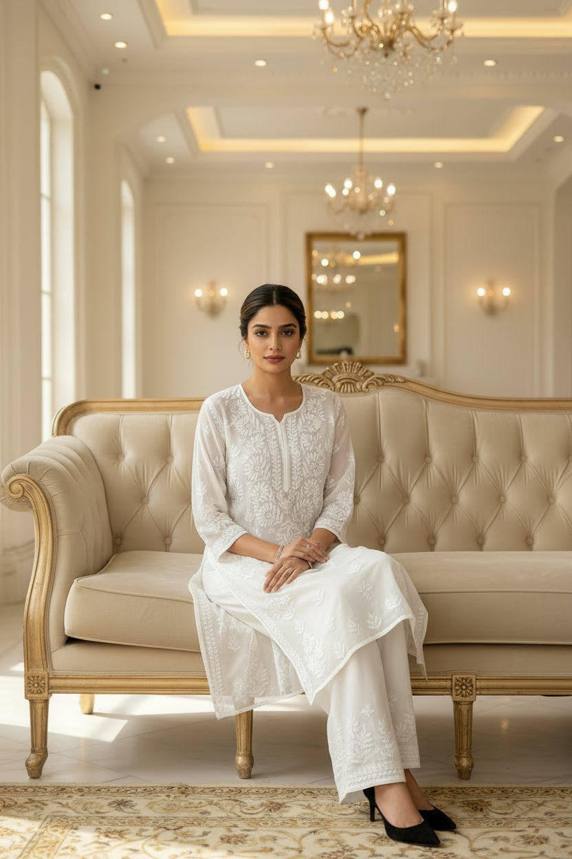 A woman modeling a white embroidered kurta and matching trousers in a bright, elegant indoor setting with soft sunlight and cream-colored walls.