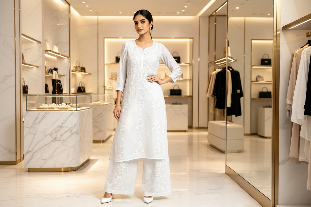 A woman modelling a white embroidered kurta and wide-leg pants set in a luxury boutique setting with marble floors and display counters.