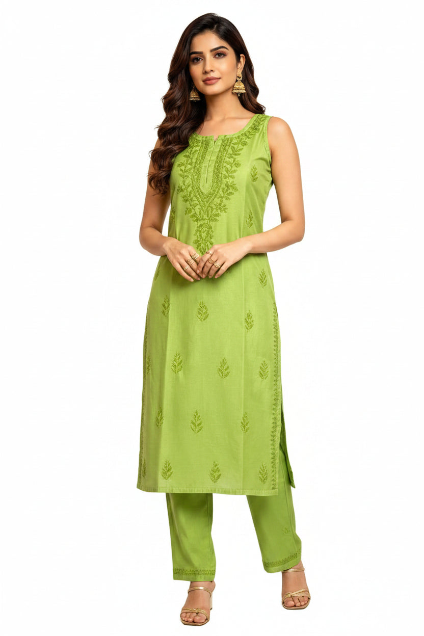 A woman models a bright green salwar kameez suit with matching trousers in an ornate, traditional Indian room. The kurta features detailed embroidery on the chest and scattered motifs on the front, paired with a matching green inner shirt and trousers.