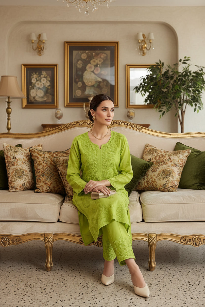 A woman models a bright lime green embroidered kurta set with matching pants in a boutique setting. The set features intricate floral embroidery, a round neckline, and three-quarter sleeves.