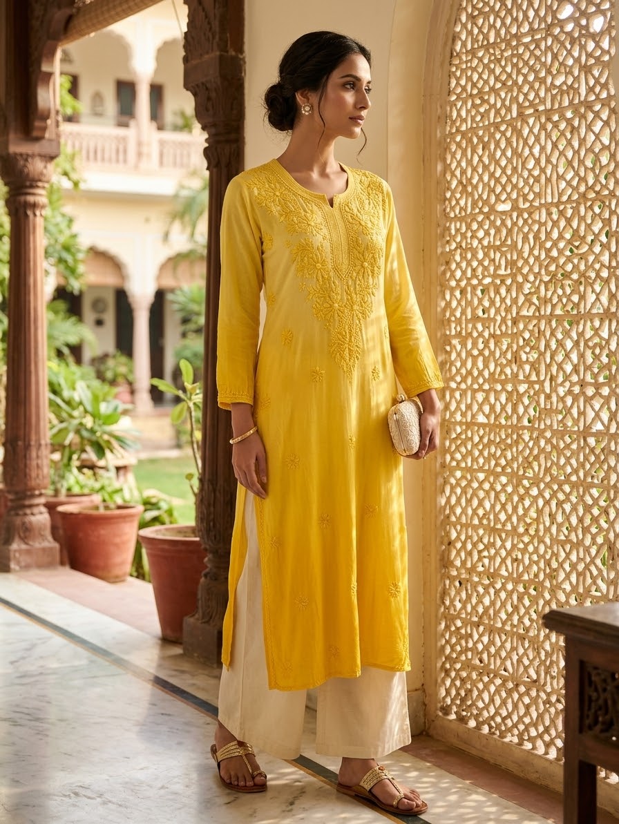 A woman models a bright yellow embroidered kurta with cream wide-leg pants in an ornate courtyard setting with traditional wooden screens and pillars.