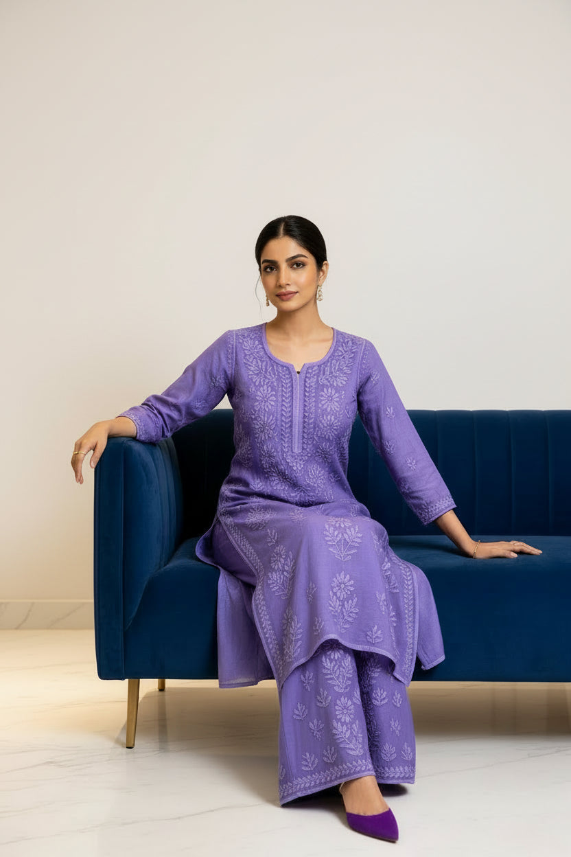 A woman models a lavender purple embroidered kurta set with matching wide-leg pants inside a luxury boutique with marble floors and display cases.