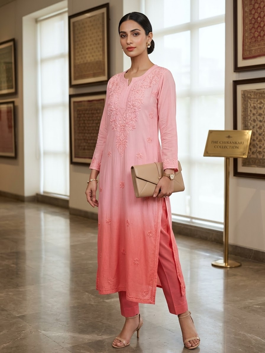 A woman models a light pink embroidered kurta and matching trousers set, holding a beige clutch bag in a bright indoor gallery setting.
