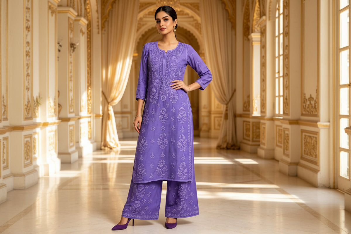 A woman models a purple embroidered kurta set with matching wide-leg pants in an ornate, sunlit palace corridor with beige drapes and gold architectural details.