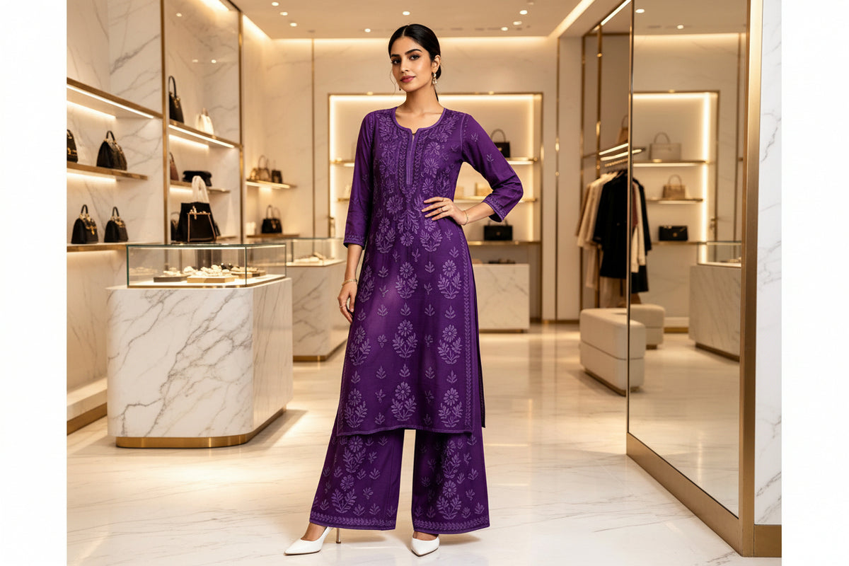 A woman models a purple embroidered kurta set with matching wide-leg pants inside a luxury boutique with marble floors and display cases.