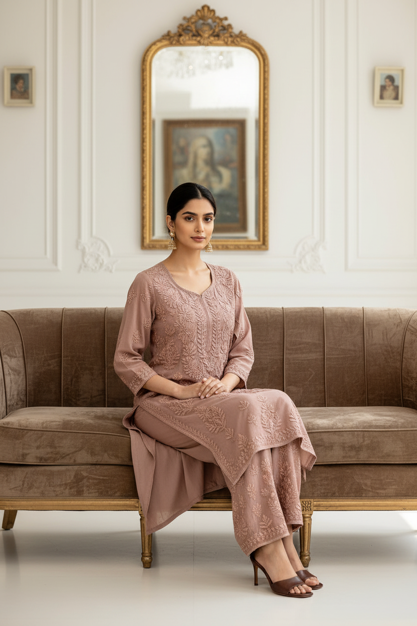 The Mira Nazakat 3D Chikankari Pure Muslin Silk Set | Famaza Couture