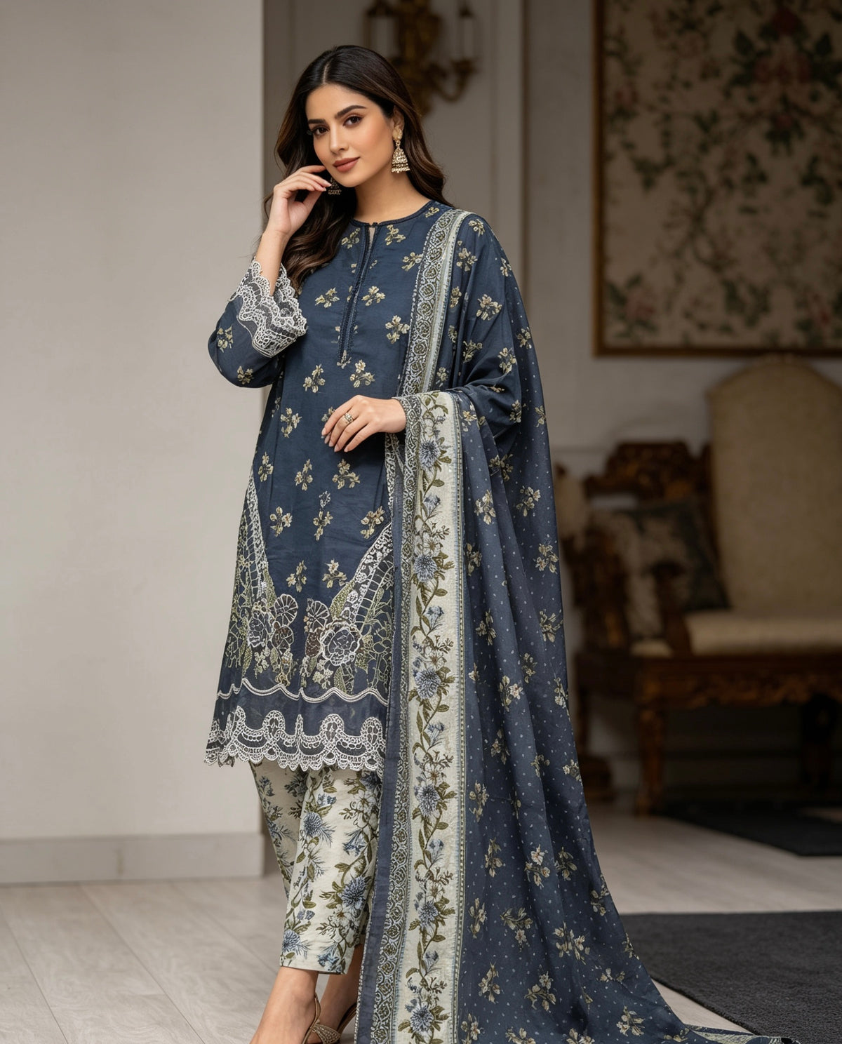 A woman models a three-piece traditional South Asian salwar kameez suit in a neutral indoor setting. The set features a navy blue kurta with beige floral prints and white lace borders, matching beige trousers, and a navy blue dupatta with beige and white floral patterns.