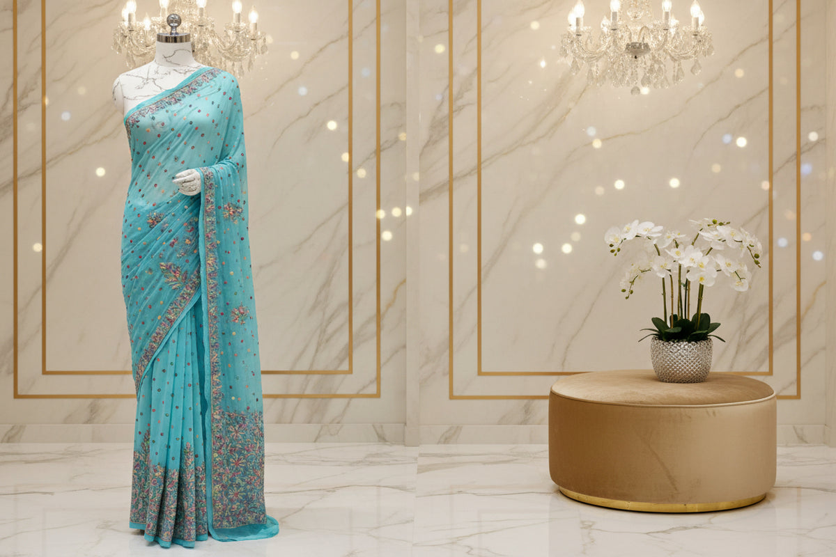 A woman posing in a Georgette Saree with chikankari Keel Jaal Embroidery and Resham Work, with a red blouse piece and traditional Indian jewelry.