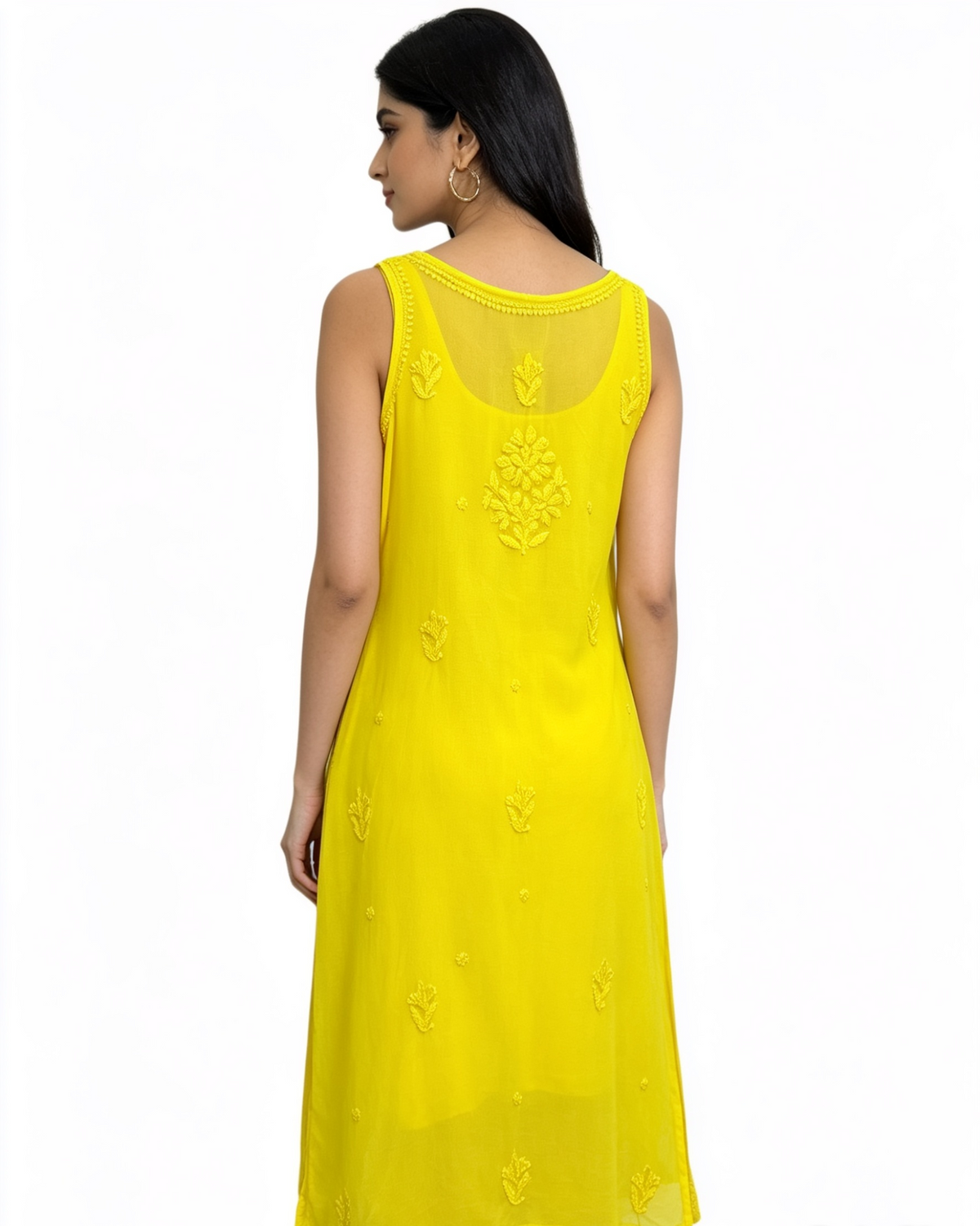 A woman shown from the back wearing a bright yellow sleeveless kurta with embroidered details and matching yellow pants, photographed against a plain white background.