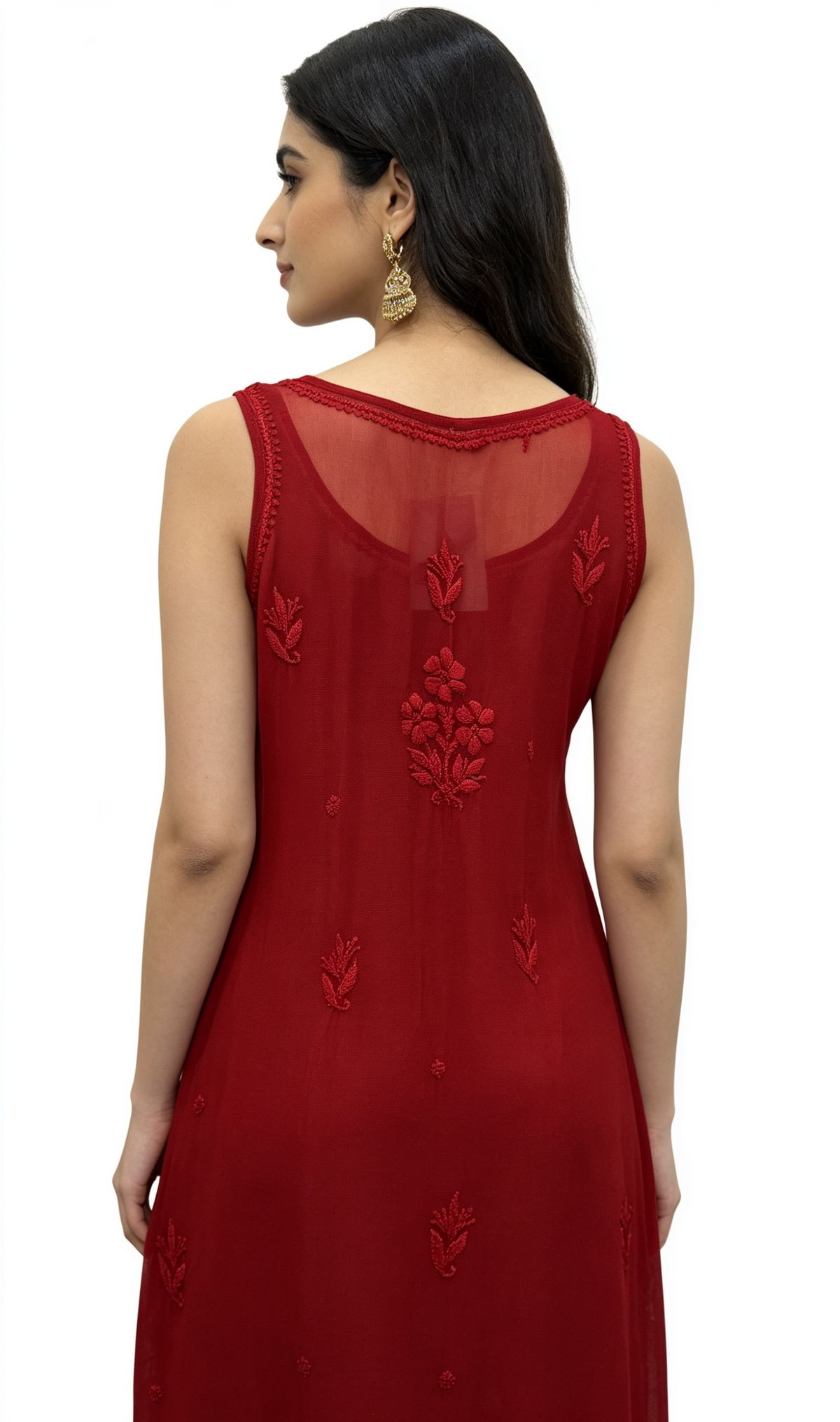 A woman shown from the back wearing a sleeveless deep red dress with floral embroidery and a sheer neckline, photographed against a plain white background.