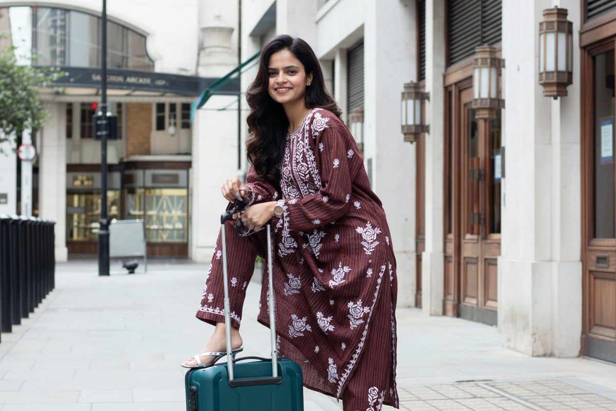 A woman standing on a sidewalk with a suitcase, wearing a traditional Lucknowi chikankari kurti with floral patterns and palazzo pants, holding a mobile phone and a bag.