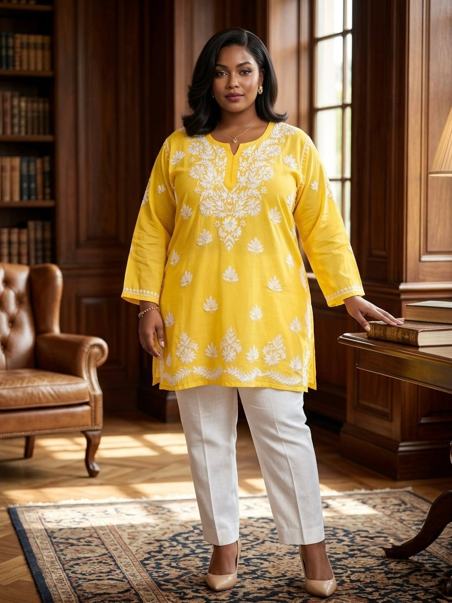 A woman stands in a warm, wood-panelled room wearing a bright yellow kurta with white floral embroidery and white trousers.