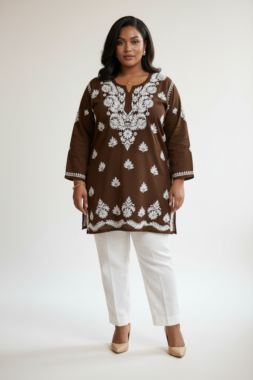 The Nazakat Handmade Chikankari Plus size short kurti/Tunic | Famaza Couture