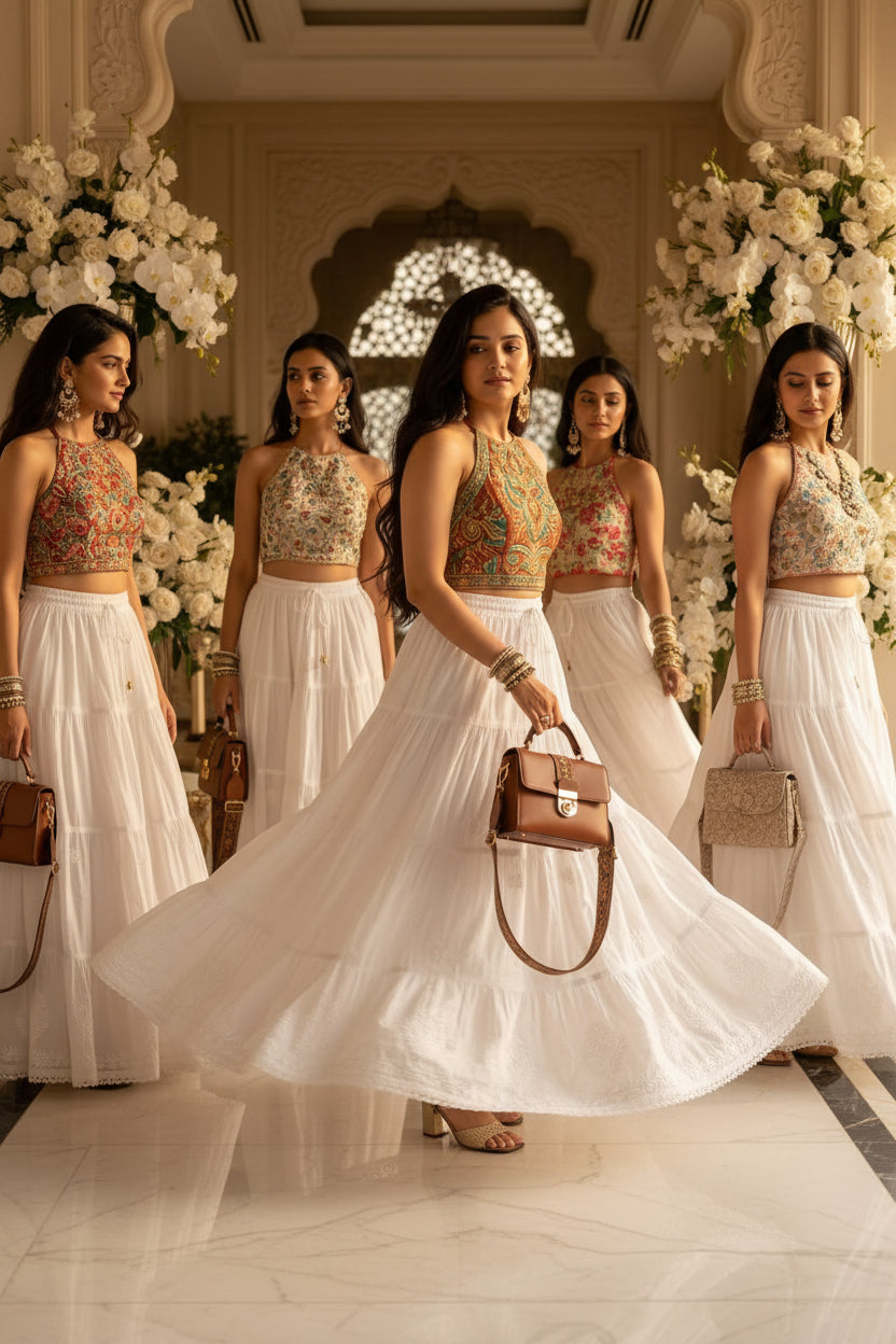 A woman stands on a wooden balcony wearing a sleeveless halter-neck dress with an ornate multicolour embroidered bodice and a long white tiered skirt. She is holding a brown leather handbag and is surrounded by potted plants and wooden railings.