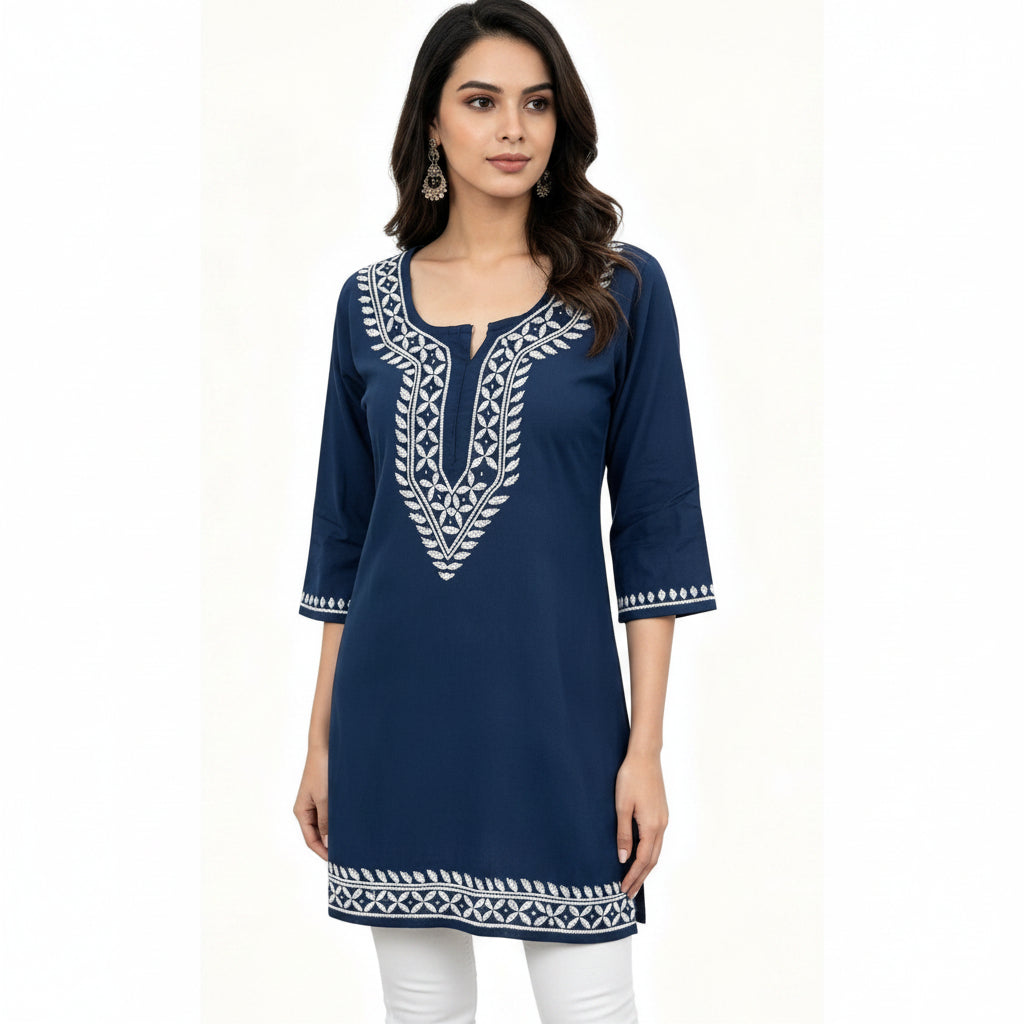 Handcrafted short Chikankari rayon kurti top with white embroidery by Famaza Couture