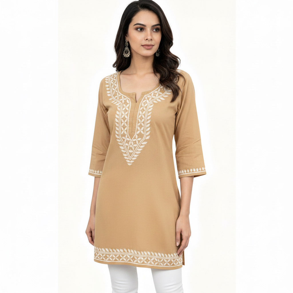 A woman modelling a sand three-quarter sleeve kurta with white geometric embroidery around the neckline, cuffs, and hem, paired with white pants against a plain white background.