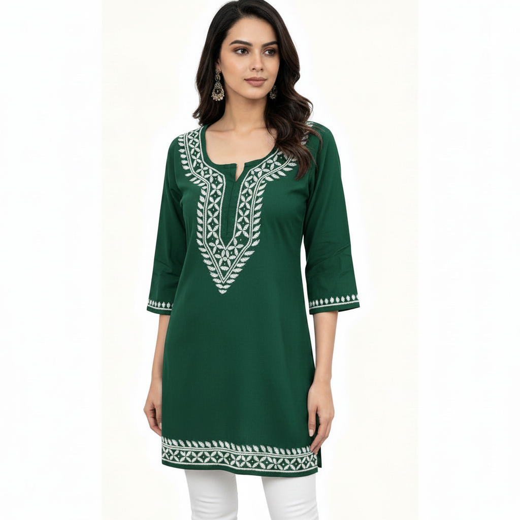 Model wearing 30-inch short Chikankari rayon kurti top styled with jeans for an Indo-Western look