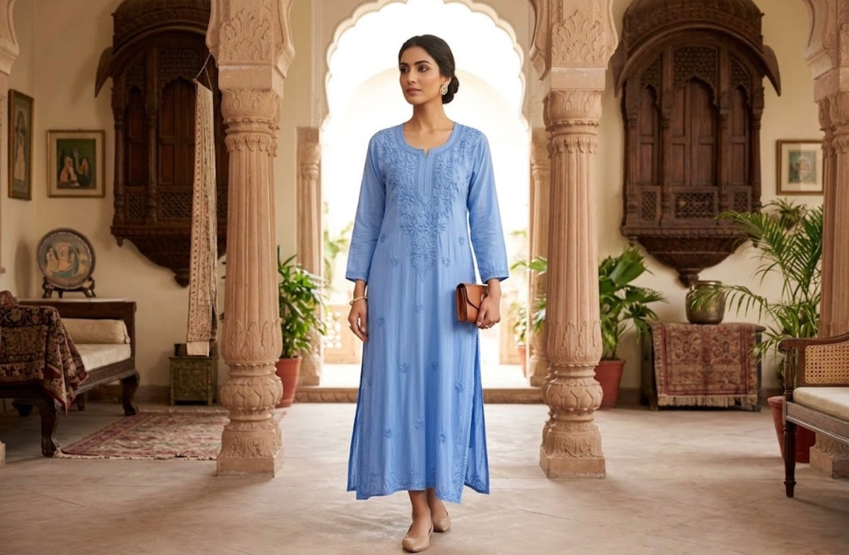 A woman wearing a light blue embroidered kurta stands in a traditional courtyard with stone pillars and wooden furniture.