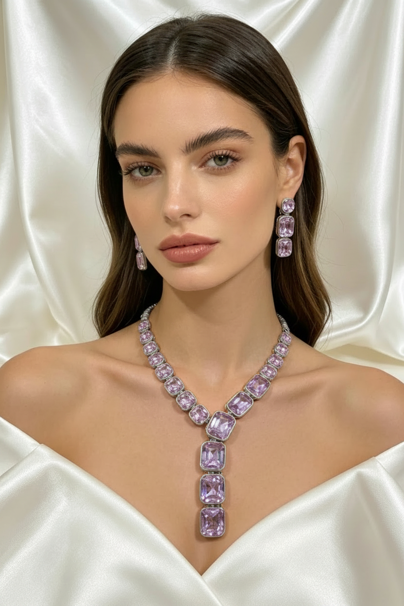 A woman with dark hair models a matching lavender-purple gemstone necklace and drop earrings against a draped white satin background.